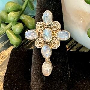 925 Sterling Silver Cross Oval Moonstones Ring Size 6.75
